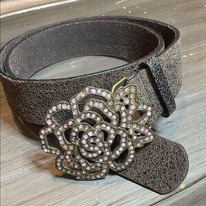 Elegant Black Belt with Pink Crystal Floral Buckle